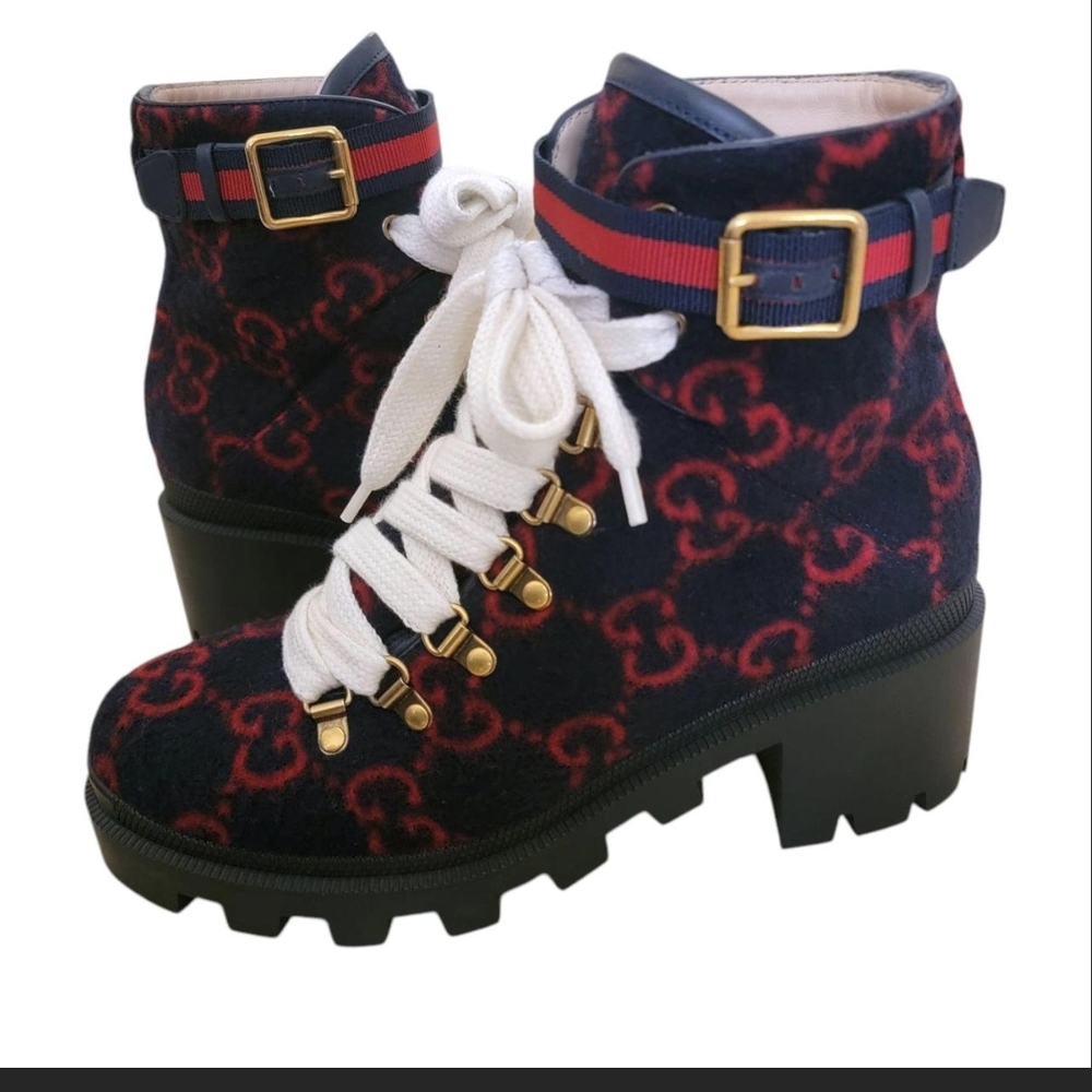 Gucci Women's Lace Up Boots in Red and Blue